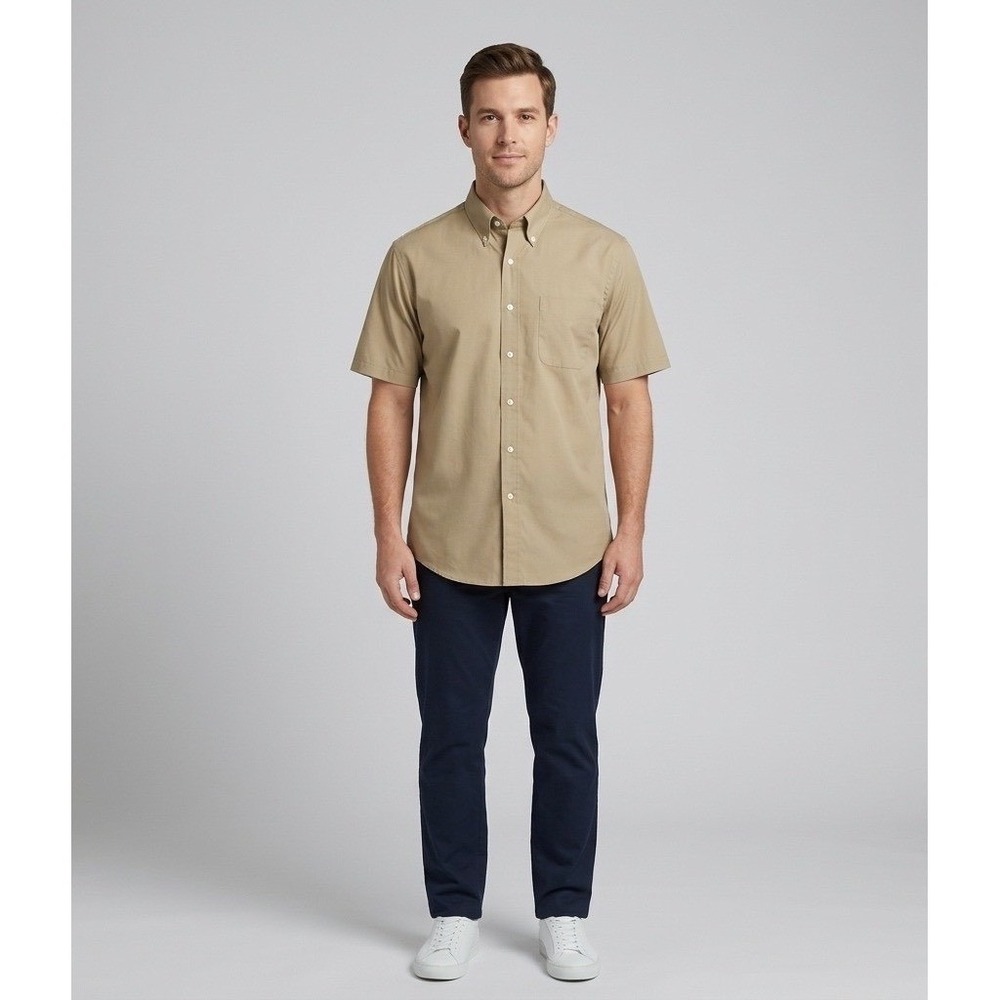 Roundtree & Yorke Mens 2XL Khaki Tan Short Sleeve Button Down Shirt Wrinkle Free